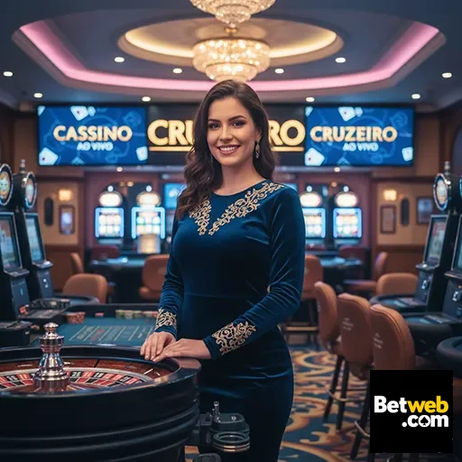 Jogadora em ambiente VIP do cassino betweb, com mesas de jogo.